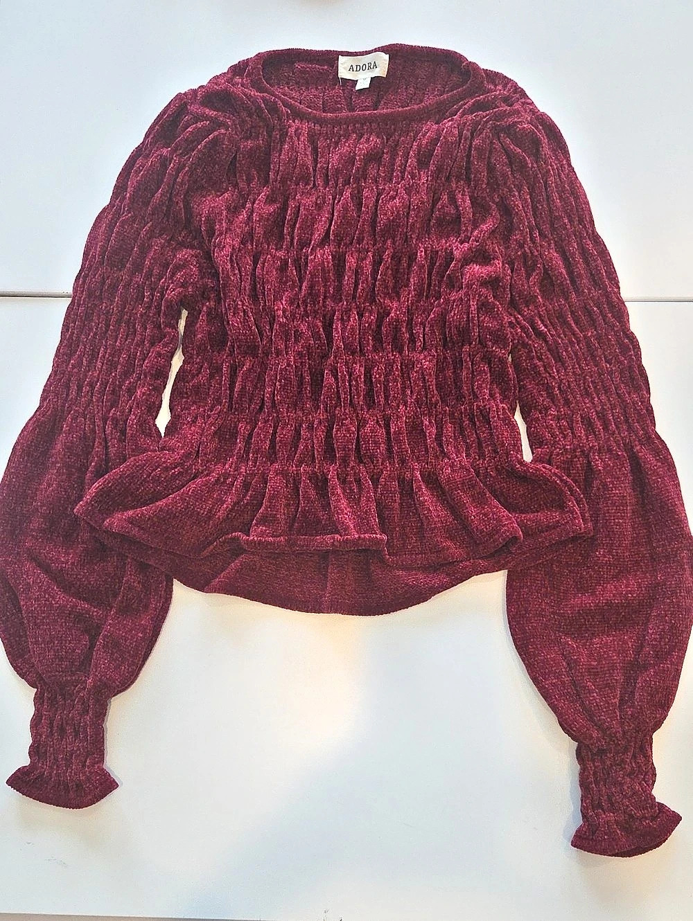 Adora Burgundy Red Chenille Peplum Sweater Size Medium Blouson Sleeves Fitted